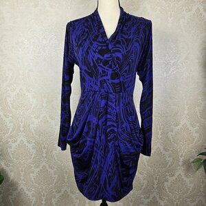 BCBGeneration Size Small Purple Black Faux Wrap Dress Long Sleeve Pockets